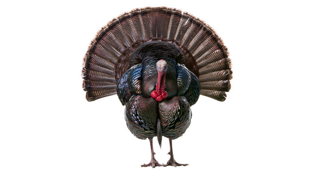 Male wild turkey displaying fanned tail feathers