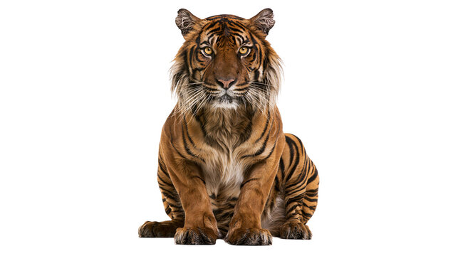 Tiger sitting facing forward with intense gaze