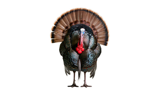 Male turkey displaying fanned tail feathers red wattle, blue head