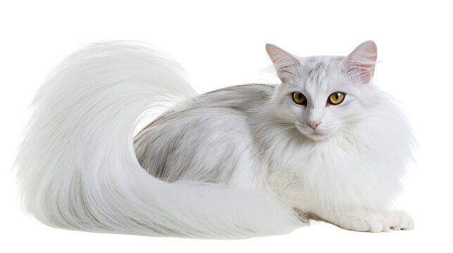 Fluffy white cat with yellow eyes and grey tabby markings
