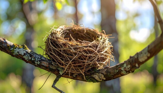 Empty bird nest perched on a tree branch in a sunlit forest, representing nature, spring, and new life