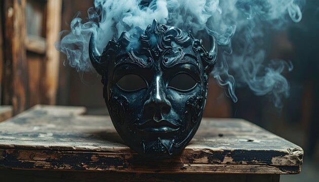 Mysterious Mask with Smoke on Weathered Table.