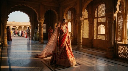 Naklejka premium Royal Indian Wedding Bride, Ornate Bridal Jewelry Portrait,Indian Bridal Elegance, Beautiful Indian Bride in Traditional Attire at Wedding