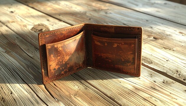Open handmade brown leather wallet on rustic wooden background under warm natural sunlight