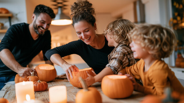 Happy Caucasian Family Gathering Together at Home to Carve Pumpkins for the Halloween Holiday Season in a Cozy and Warm Living Room Interior Space