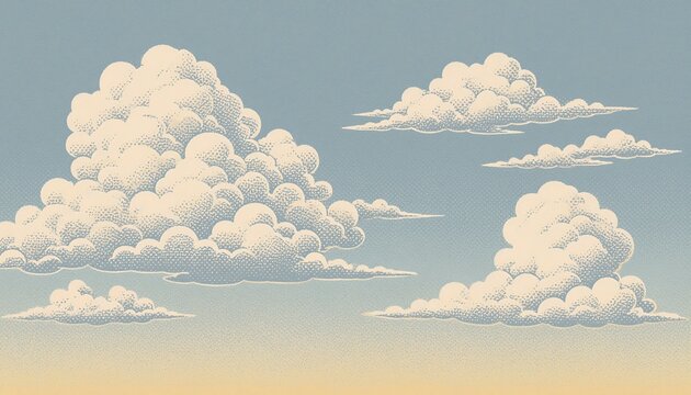 Retro Halftone Illustration of Fluffy Cumulus Clouds on Blue Sky