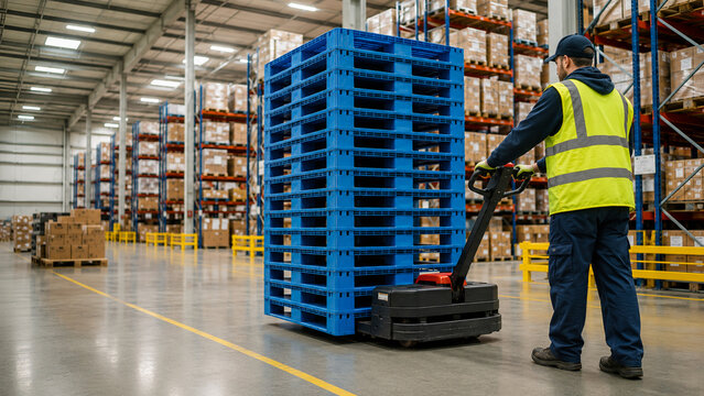 Worker operating pallet jack in large modern warehouse facility