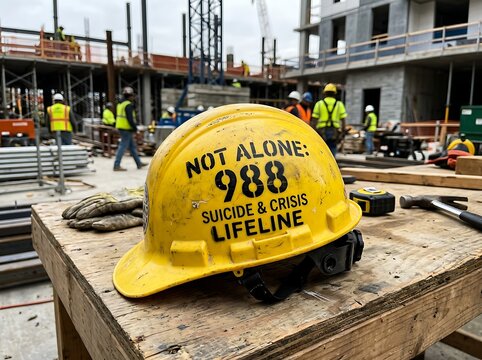 Construction Helmet with Suicide Prevention Message.