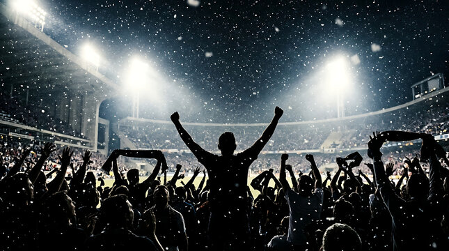 Silhouetted crowd of sports fans cheering in a stadium at night