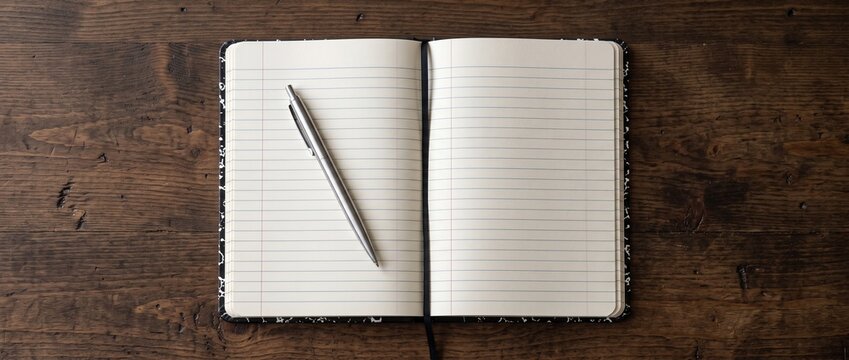 Open Composition Notebook with Blank Lined Pages and Ballpoint Pen on Wooden Desk Top View Flat Lay