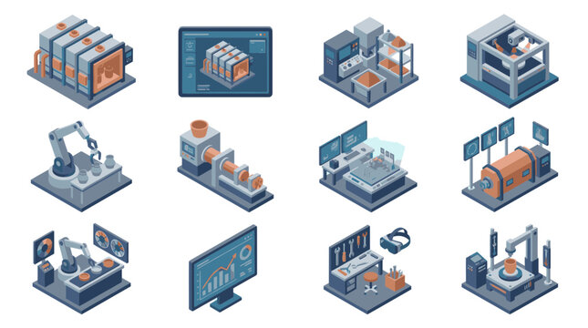 Manufacturing processes demonstrate heavy machinery, 3d printing units, robotic arm operations, and technical data analytics in an isometric collection of specialized engineering and prototyping.