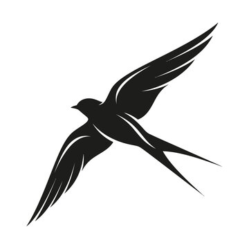 Simple black silhouette illustration of a swallow in elegant flight with outstretched wings, the design