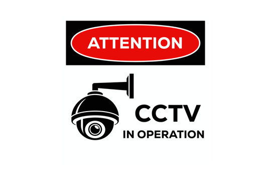 Attention cctv in operation security sign featuring red oval header and dome camera silhouette for retail or office property surveillance notification.