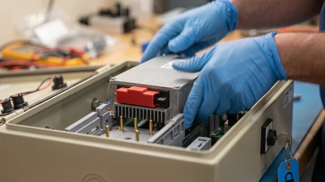 Battery Installation in Electrical Control Box with Gloved Technician Hands