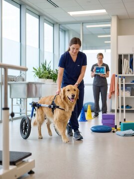 Professional female veterinary physical therapist guiding a happy golden retriever dog in a mobility wheelchair during a rehabilitation session in a modern animal clinic.