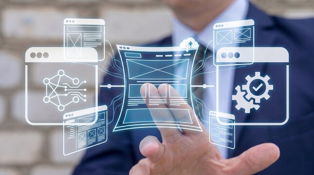 A business professional interacts with a futuristic holographic digital interface featuring wireframes, network nodes, and gear icons for software development, UI/UX design, and process optimization.