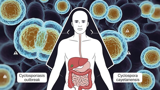 Cyclosporiasis disease as a foodborne parasitic illness caused by Cyclospora cayetanensis as an outbreak with contaminated food or water resulting in explosive diarrhea and digestive illness.