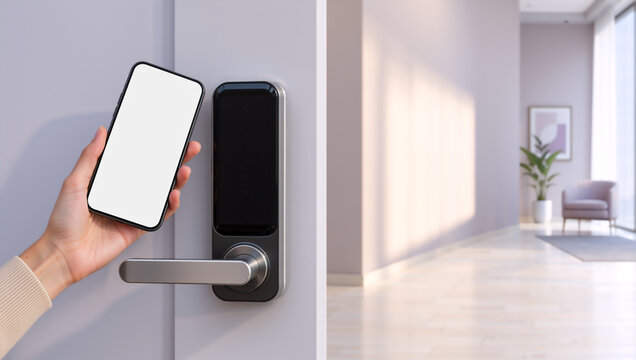 Hand holding smartphone with blank screen next to smart door lock. Keyless entry and mobile home security concept. Mockup template