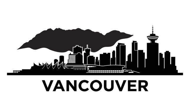 Vancouver British Columbia city skyline silhouette vector artwork illustration featuring mountain backdrop and downtown harbour landmark buildings