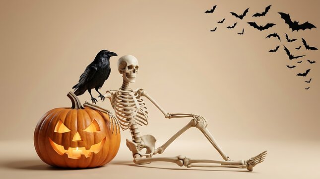 A spooky halloween background featuring a human skeleton sitting beside a carved glowing jack o lantern pumpkin with a black crow perched