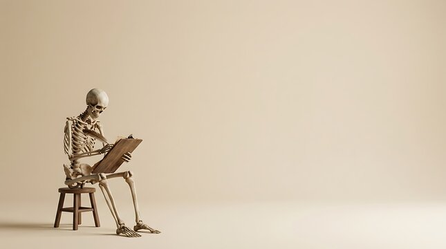 A skeleton artist sitting on a wooden stool sketching on a canvas for a creative and unique halloween background design concept