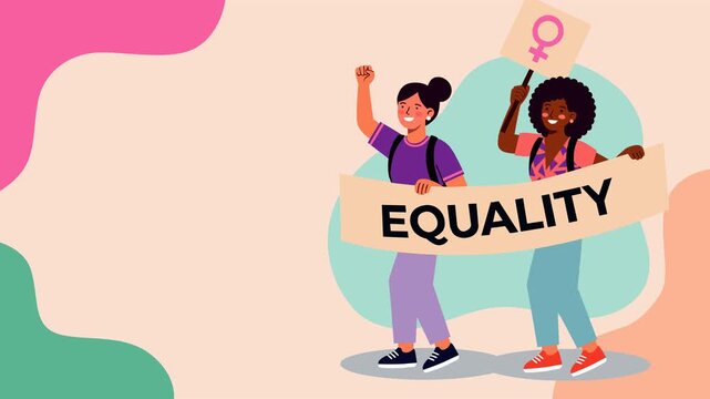 Animated footage of diverse women marching with an equality banner and female symbol, promoting gender rights, inclusion, and empowerment