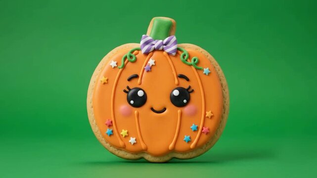 A happy sweet smiling pumpkin cookie with cute accessories, festive Halloween charm green screen