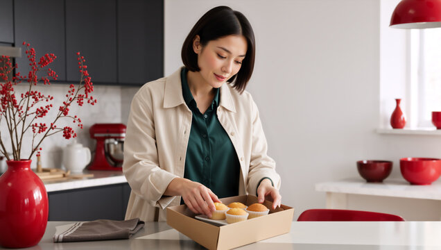 Young Asian woman packaging freshly baked muffins in a cardboard box. Female home baker preparing a sweet dessert order in a modern kitchen