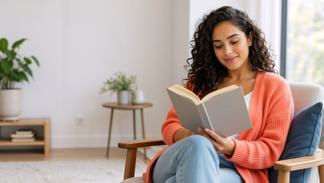 Young woman reading a book in a cozy living room. Happy female sitting in armchair with novel at home. Leisure and education concept