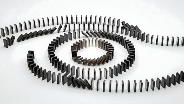 Circular domino chain reaction spiraling inward &ndash; Suitable for cause and effect concepts, process efficiency, or financial impact.