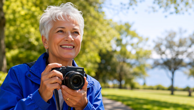 Smiling senior woman holding a camera in a park. Happy older female photographer enjoying retirement outdoors. Active lifestyle concept