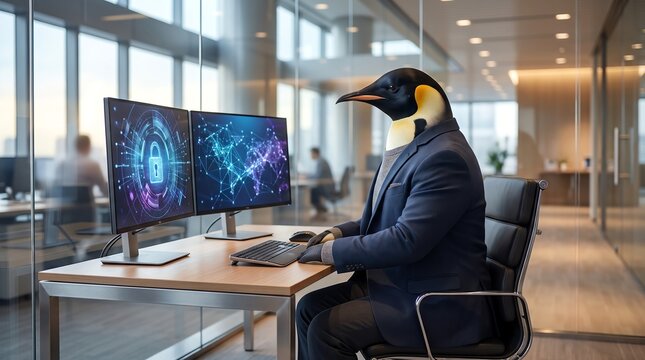 Penguin Businessman Working on Cyber Security in Modern Corporate Office