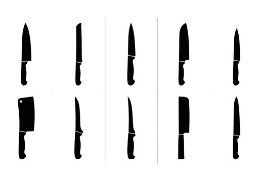 Kitchen Knife Silhouette Collection Set Featuring Professional Chef Culinary Cutlery Tools and Blade Designs