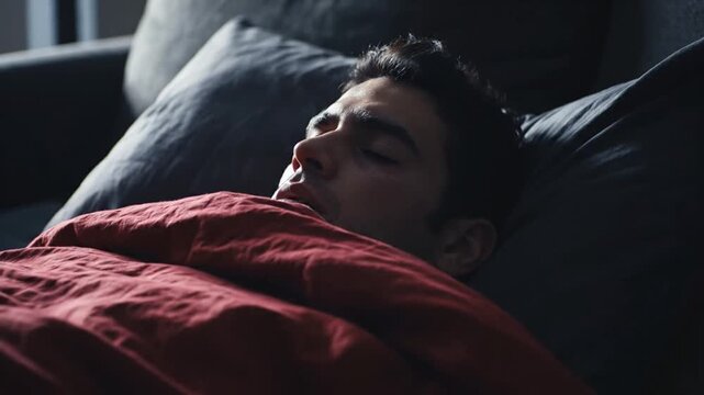Serene Man Sleeping Peacefully Under Red Blanket 4K Close Up