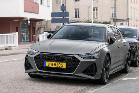 Nancy, France - February 25th 2023 : View on a matte grey Audi RS6 Avant C8 parked on a street. The Audi RS6 is the sporty version of the Audi A6 estate, produced since 2002.