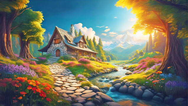 A fairytale-like house in colorful spring valley