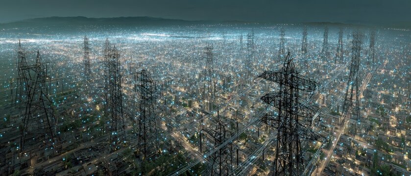 Aerial view of a futuristic city at night, densely populated with towering structures and power pylons
