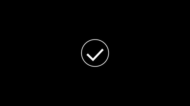 Neon white color check mark icon animation. Approving animated icon. Verification, tick confirm correct accept select checkbox circle sign symbol on black background. 