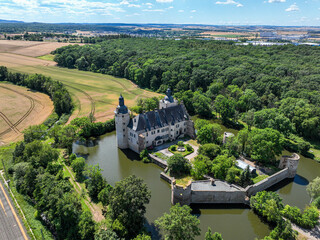 Fototapeta premium Aerial view, Veynau Castle, moated castle, Euskirchen district in North Rhine-Westphalia, Germany