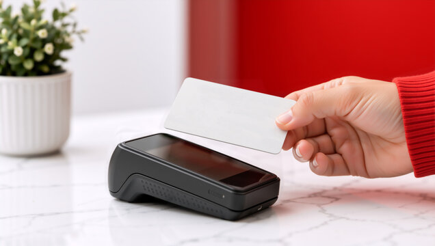 Hand holding blank white card over contactless payment terminal. Cashless transaction and modern retail payment concept