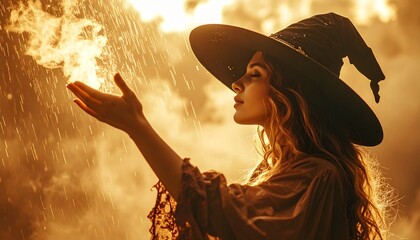 Fototapeta premium Mystical Witch Casting a Spell with Fire in the Rain.