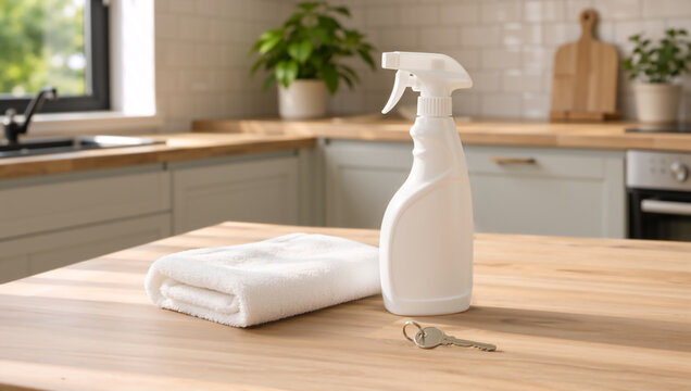 White spray bottle with a folded towel and a key on a wooden counter. Kitchen cleaning and new home concept