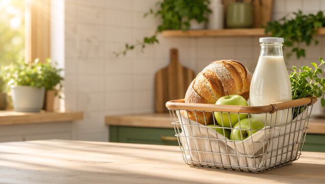 Wire basket with fresh bread milk and green apples on kitchen counter. Healthy organic groceries in warm sunlit kitchen. Breakfast ingredients concept