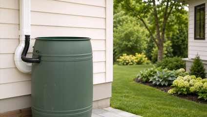 Naklejka premium Green rain barrel connected to a white downspout on a residential house. Sustainable rainwater harvesting system in a backyard garden. Water conservation concept