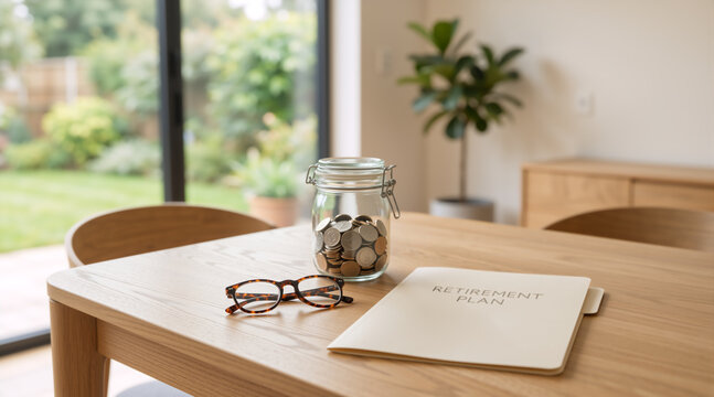 Retirement plan folder with glass jar of coins and eyeglasses on wooden table. Financial savings and pension planning concept