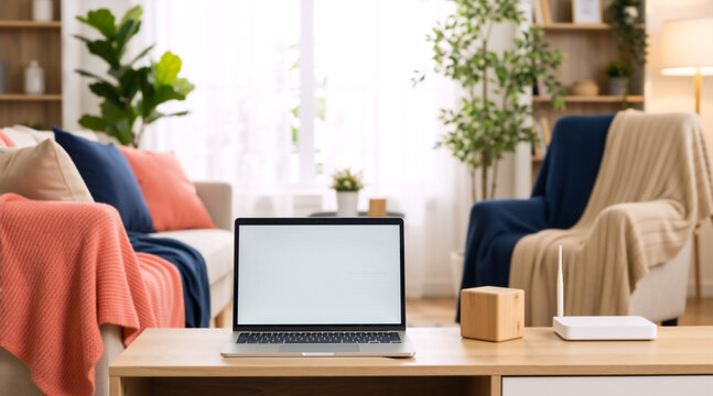 Laptop with blank white screen and wireless router on a wooden table. Cozy living room interior background with sofa and plants. Home internet connection concept