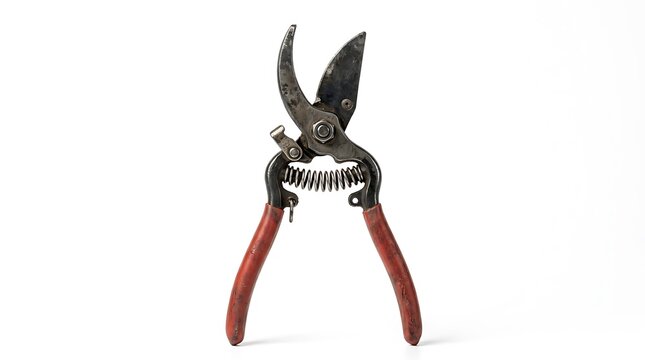 Old rusty garden pruners with red handles isolated on white background