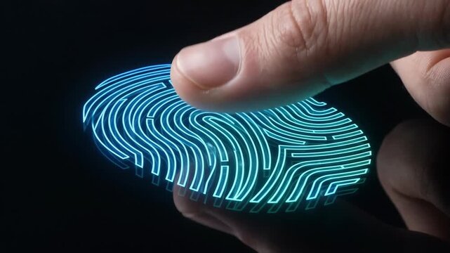 Fingerprint scan biometric security with human finger interacting digital interface generative ai prompt chatbot query agent interaction advanced identification authentication technology
