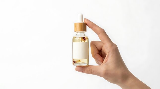 A hand holding a small glass bottle with a dropper and organic face serum