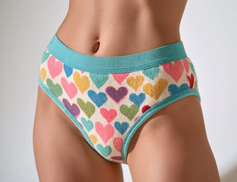 Angled close up of colorful heart print cotton briefs worn on torso with soft lighting Clean composition Theme of casual comfort